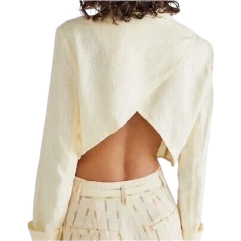 FREE PEOPLE Yellow Cropped Linen Ruffle Cross-Back Jacket Blazer, size XS - Picture 2 of 4